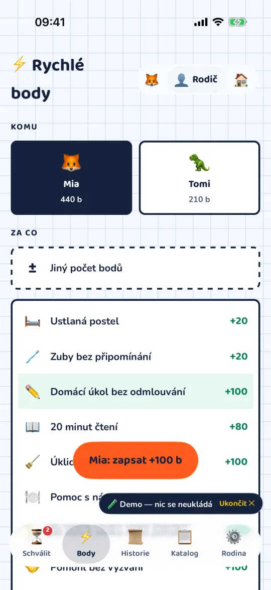 Rychlé body: výběr dítěte a důvodu, tlačítko Zapsat