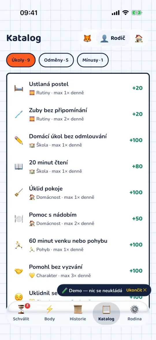 Katalog úkolů, odměn a mínusů