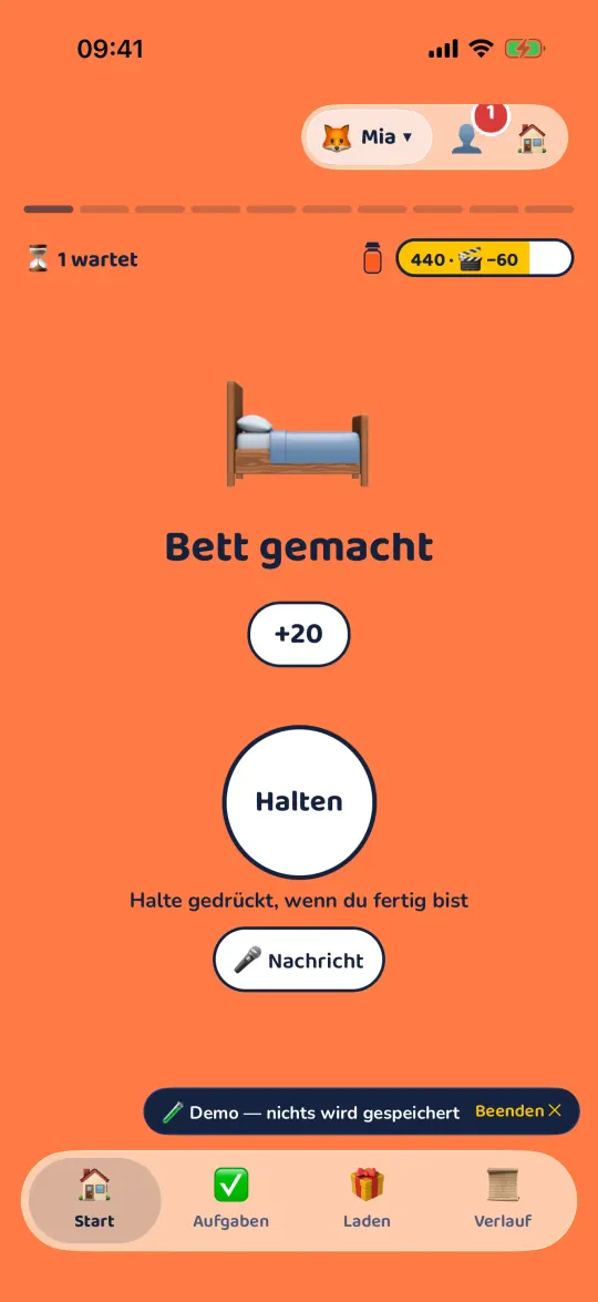 Start des Kindes: das Glas mit Punkten und die Aufgaben-Storys