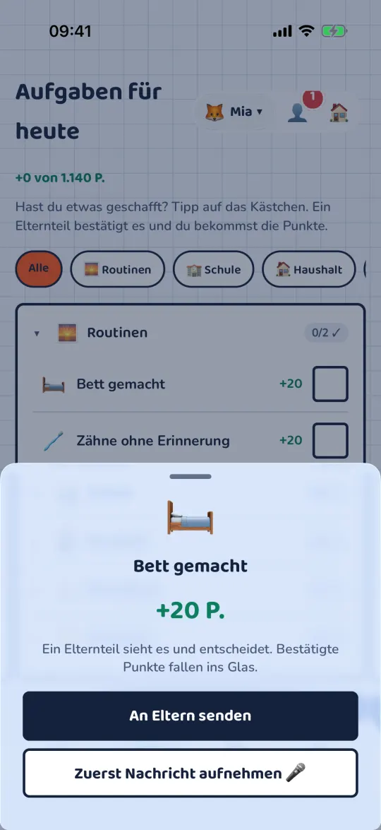Blatt nach dem Antippen einer Aufgabe: An Eltern senden oder zuerst eine Nachricht aufnehmen