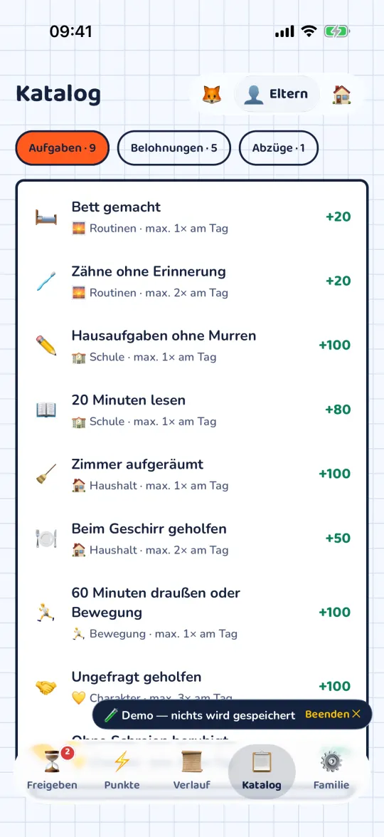 Katalog der Aufgaben, Belohnungen und Abzüge