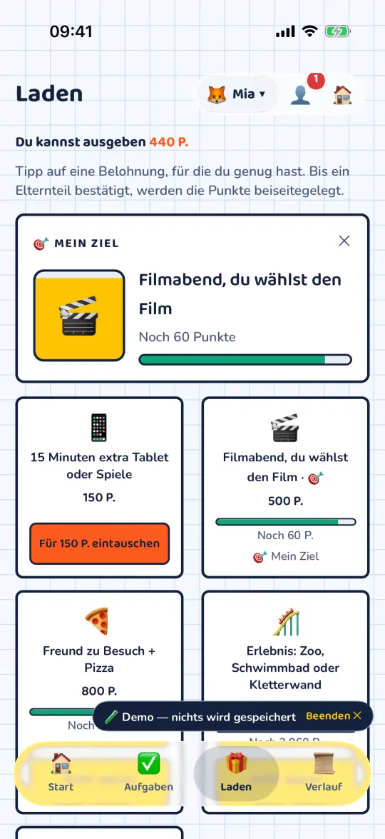 Der Laden mit Belohnungen und Ziel