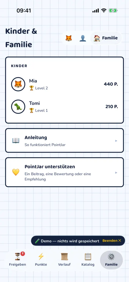 Der Tab Familie mit Kindern und den Zeilen Einstellungen und PointJar unterstützen
