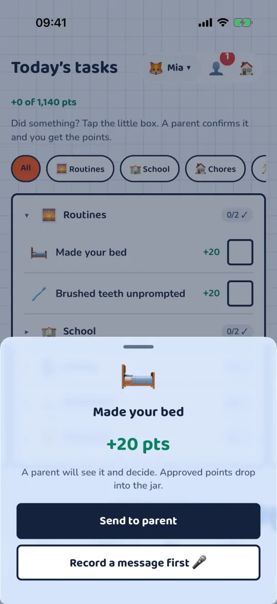 Sheet after tapping a task: Send to parent or record a message first