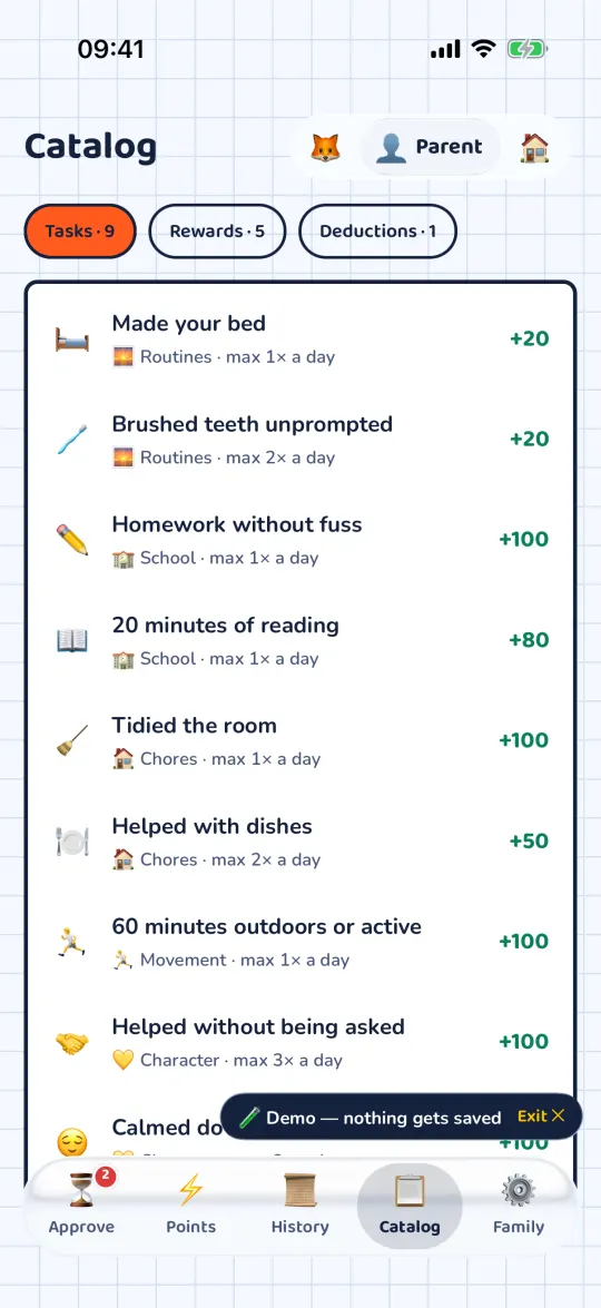 Catalog of tasks, rewards and deductions