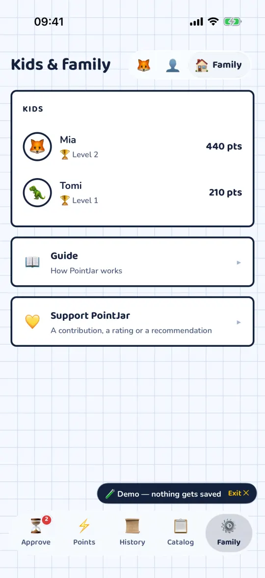 The Family tab with children and the Settings and Support PointJar rows