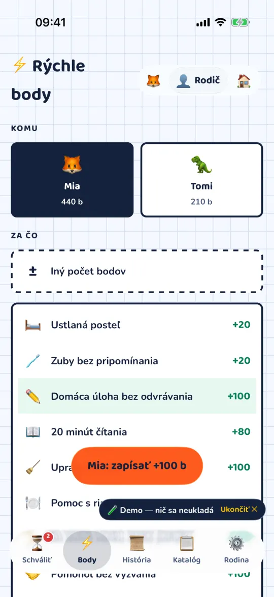 Rýchle body: výber dieťaťa a dôvodu, tlačidlo Zapísať