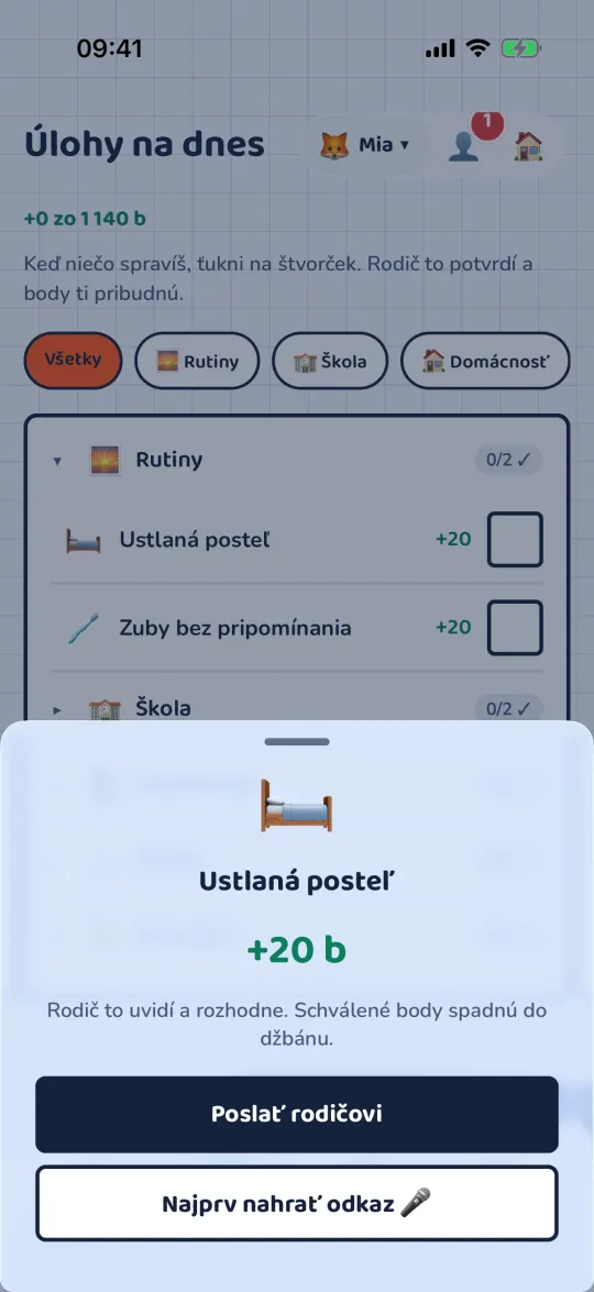 Hárok po ťuknutí na úlohu: Poslať rodičovi alebo najprv nahrať odkaz