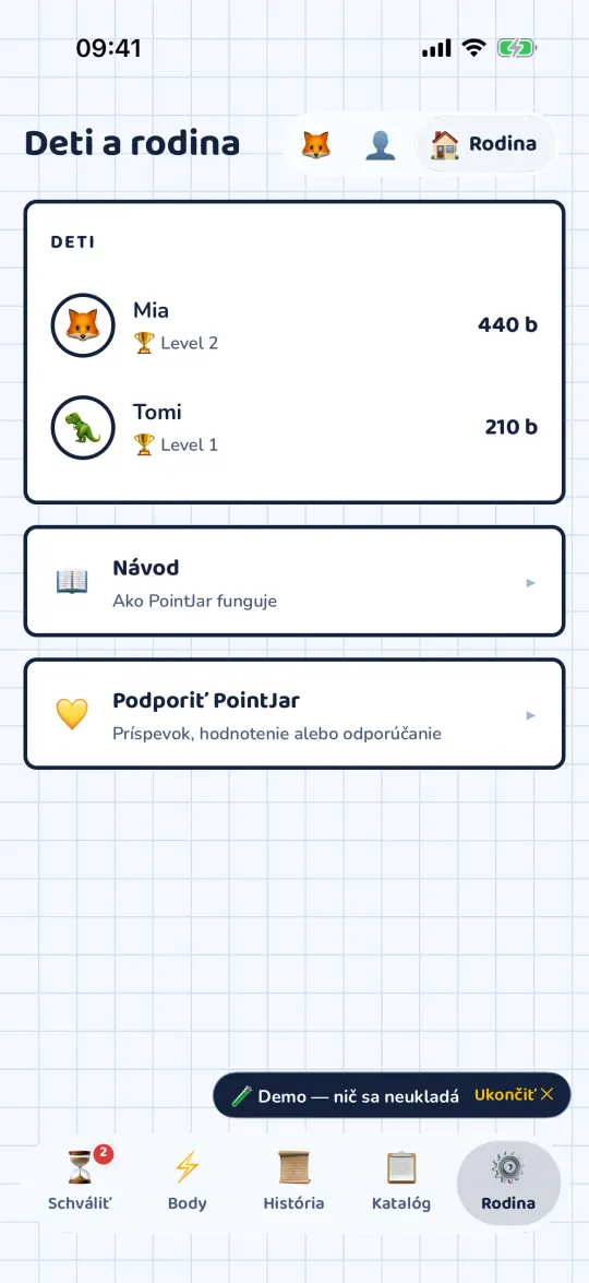 Záložka Rodina s deťmi a riadkami Nastavenia a Podporiť PointJar